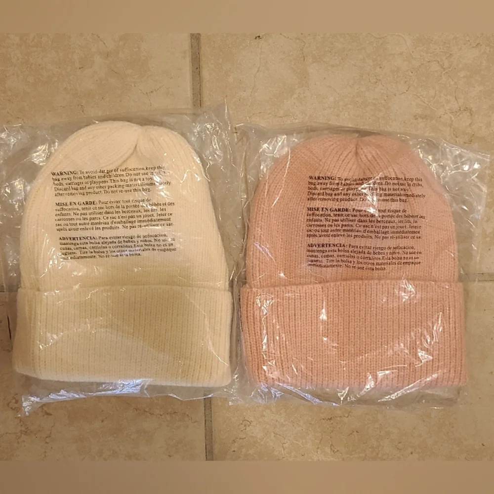 New Bundle of 2 Knit Ribbed Smiley Face Hat Beanies, Cream & Light Pink y2k - Picture 4 of 6